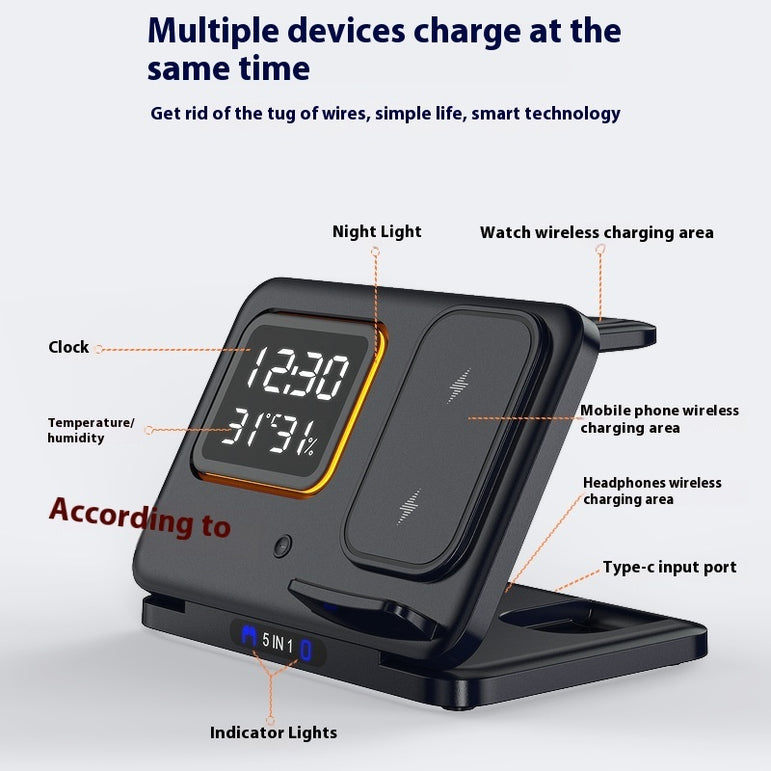 Wireless Fast Charger Stand 5 In 1 with Digital Alarm Clock