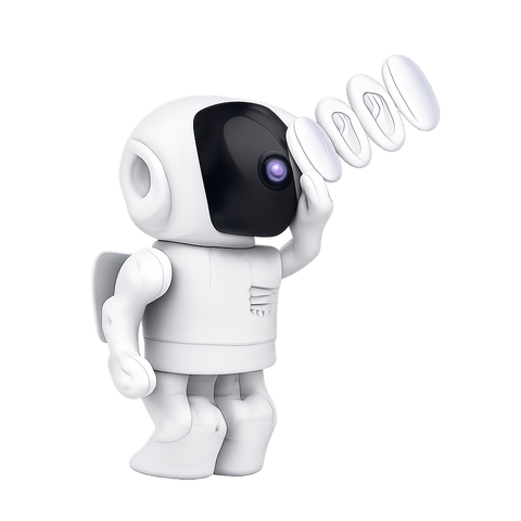 White robot toy with a camera no background

