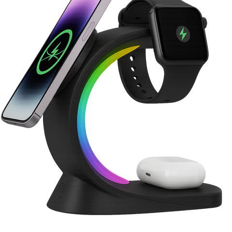 Stație de încărcare wireless magnetică 4 în 1 cu lumină LED de atmosferă