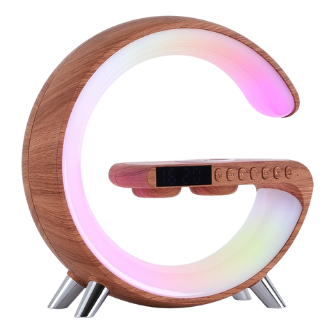 Round LED lamp with wooden frame and colorful gradient light no background