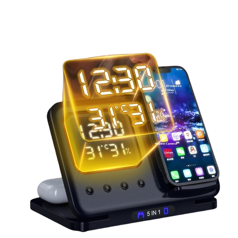 Wireless Fast Charger Stand 5 In 1 with Digital Alarm Clock