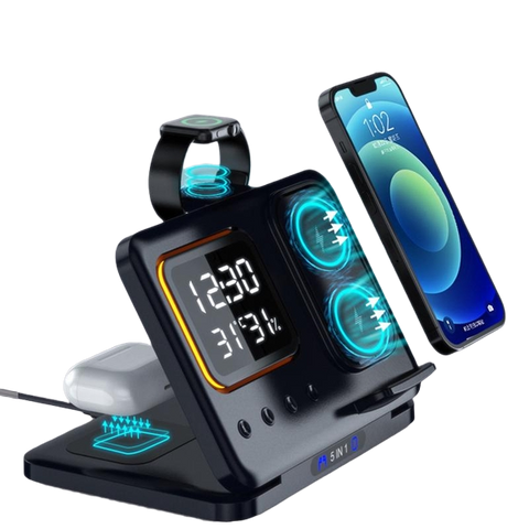 Wireless Fast Charger Stand 5 In 1 with Digital Alarm Clock