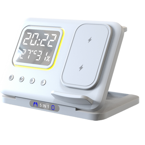Wireless Fast Charger Stand 5 In 1 with Digital Alarm Clock